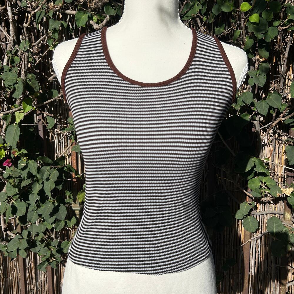 VTG Textured Striped Fitted Round Neck Tank Top XS Brown White